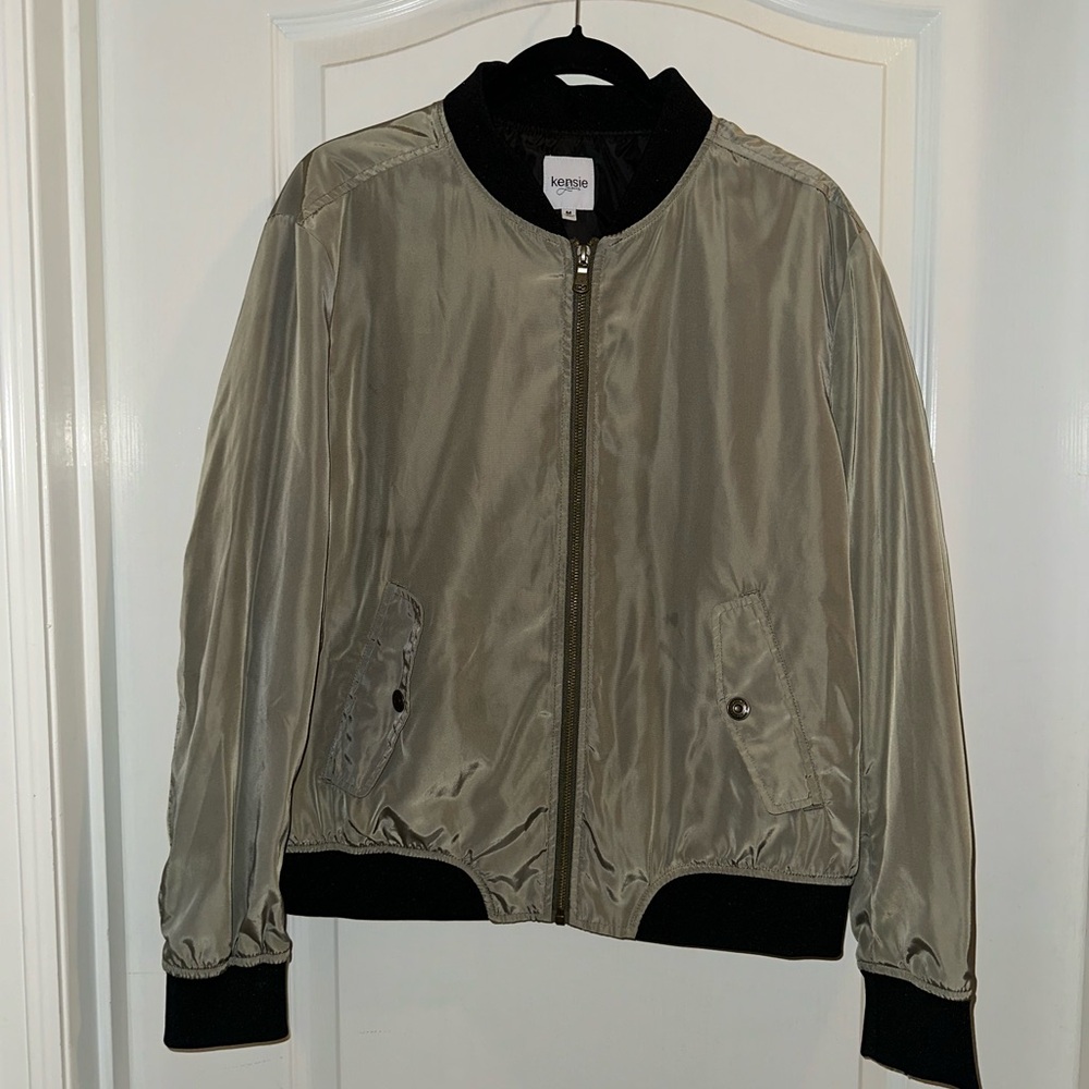 Kensie Green and Black Bomber Jacket with Ribbed Trim